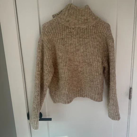 Sincerely Jules Beige Cropped Zip Mock Neck Wool Blend Ribbed Knit Sweater Large - Picture 4 of 4